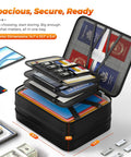 5200 Fahrenheit Fireproof Document Box With Lock Expandable File Organizer showing open compartments with documents and keys
