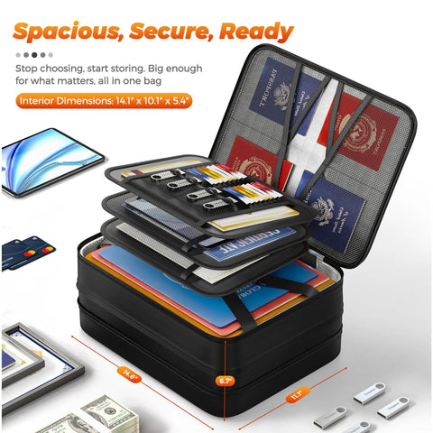 5200 Fahrenheit Fireproof Document Box With Lock Expandable File Organizer showing open compartments with documents and keys