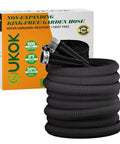 Front view of 100 ft Amazon garden hose, black non-expanding hose with metal fittings, coiled beside its box.