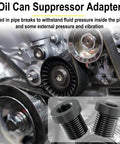 2-piece automotive thread adapters with rubber washers and knurled ends, shown near engine belt pulleys