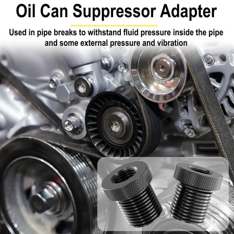 2-piece automotive thread adapters with rubber washers and knurled ends, shown near engine belt pulleys