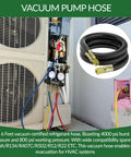 HVAC vacuum hose, 6 ft long, 3/8 in ID, black rubber with brass fittings, shown beside an air conditioner unit