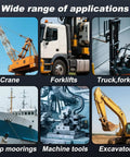 Collage showing crane, forklift, truck, ship, machine tools, and excavator for 25-Pack Heavy Duty Grease Fittings Kit With M6 Zerk Nipples