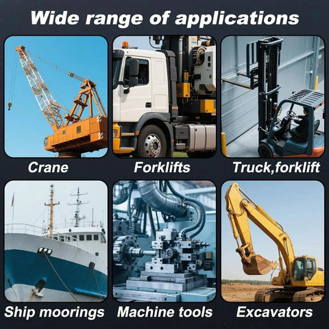 Collage showing crane, forklift, truck, ship, machine tools, and excavator for 25-Pack Heavy Duty Grease Fittings Kit With M6 Zerk Nipples