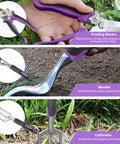 11 Piece Garden Tool Kit With Aluminum Alloy Hand Tools showing pruning shears, weeder, and cultivator in use