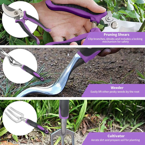 11 Piece Garden Tool Kit With Aluminum Alloy Hand Tools showing pruning shears, weeder, and cultivator in use