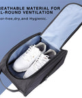 Open Golf Shoe Bag With Zipper Pocket And Padded Carry Strap For Easy On The Go Golf Gear, showing white shoes inside.