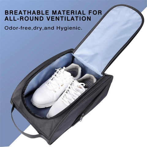 Open Golf Shoe Bag With Zipper Pocket And Padded Carry Strap For Easy On The Go Golf Gear, showing white shoes inside.