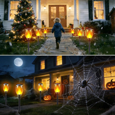 Solar Torch Lights With Flickering Flame Realistic Fire Effect For Outdoor Garden And Patio Easy Setup No Fuss Auto On Off Dust To Dawn Waterproof Landscape Decoration Solar Powered Security Torch Light Pack Of Four illuminating a pathway and front yard decoration.