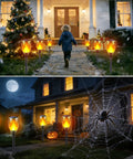 Eight Pack Solar Torch Lights With Realistic Flickering Flame For Outdoor Vibe And Ambience, lining a decorated pathway