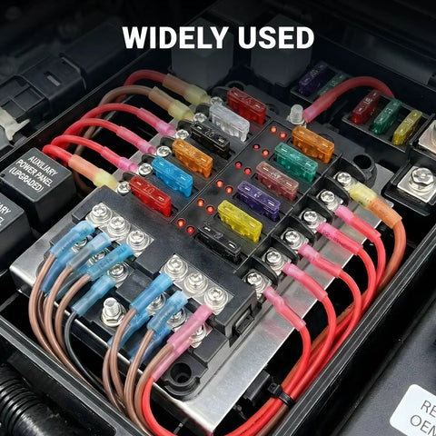 Marine Grade Heat Shrink Ring Terminal Kit with connectors installed in a fuse box, showcasing wiring for automotive use.