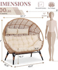 Oversized Double Egg Chair For Indoor And Outdoor Use With Thick Padded Cushions Two Seater Loveseat Extra Large Lounge Chair For Patio Balcony Porch Backyard Beige With Cover shown with dimensions and capacity.