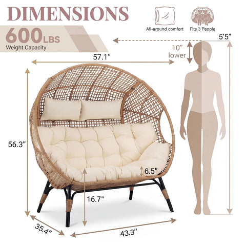 Oversized Double Egg Chair For Indoor And Outdoor Use With Thick Padded Cushions Two Seater Loveseat Extra Large Lounge Chair For Patio Balcony Porch Backyard Beige With Cover shown with dimensions and capacity.