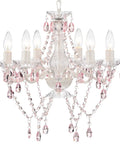 White Crystal Chandelier With Pink Droplets And Strands 6 Light Candle Style Ceiling Fixture For Bedroom Or Dining Vintage Glam Lighting With Elegant Scroll Arm Frame