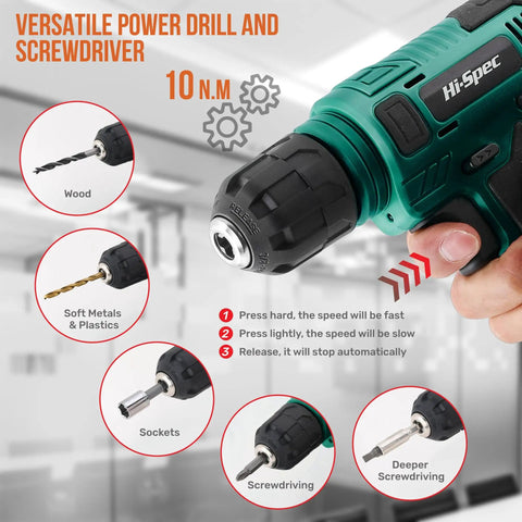 Close-up of Do-It-All 110-Piece Cordless Drill And Driver Kit With Portable Case, 8V USB Power, showing drill bits and screwdriver.