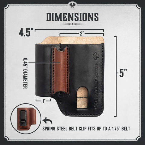 American Made Leather EDC Pouch for Men with Rugged Multitool Sheath and Holster Belt Clip showing size dimensions