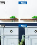 Before and after using Perfect White Multi Surface Touch Up Paint Pen With Built-In Brush Fast Dry Water Based Acrylic Low Odor 1.5 Fl Oz Semi Gloss Finish For Walls Trim Doors Cabinets Wood Furniture And Appliances on wall and cabinet