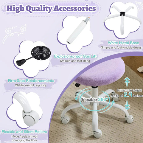 Diagram of Cute Mini Vanity Chair With Faux Fur Wheels, Adjustable Height Armless Office Desk Stool, showcasing features.