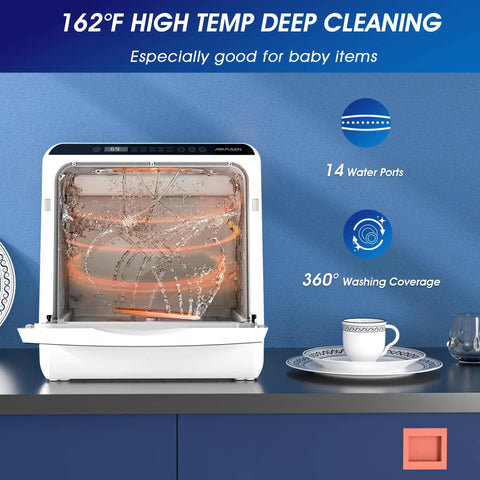 Ultra Compact Countertop Portable Dishwasher With No Hookup Setup Runs Smooth To Clean Forty Plus Dishes Fast, showcasing 360° washing coverage and high temp deep cleaning.
