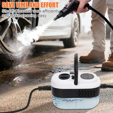 7 In 1 Handheld Steam Cleaner With 2500W High Pressure For Deep Cleaning Grease And Grime On Kitchen Bathroom Hardwood Floors And Upholstery Heavy Duty Steam Jet That Cleans Like Crazy in use, cleaning a car tire.