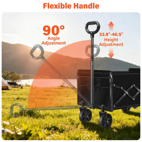 Foldable Utility Wagon With Wheels for Groceries and Camping showing adjustable handle height and angle in a grassy setting
