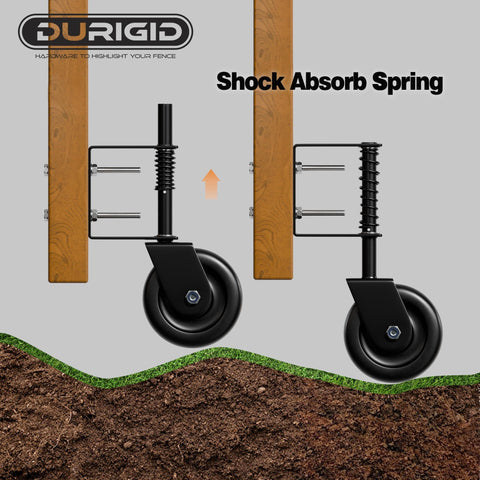 4.3 Inch Spring Loaded Gate Wheel Caster For Gates And Fences, Tough As Nails Heavy Duty Wheel With Shock Absorbing Spring, side view installed