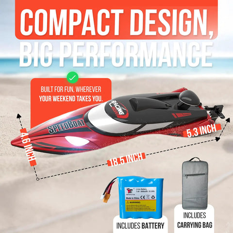 Turbo 18 Inch High Speed Remote Control Boat For Adults Up To 21 MPH shown on beach with dimensions, battery and carrying bag