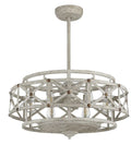 Top Shelf Fandelier Ceiling Fan With Six Bright Bulbs And Dead Simple Controls Measuring 16 By 29 Inches In Distressed White Styled With Subtle Gold Trim For A Smooth Upgraded Vibe, featuring a unique cage design.