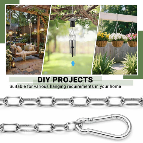 Image of Heavy Duty And Light Duty Stainless Steel Hanging Chain With Two Detachable Links, 9.8 Feet, 0.08 Inch Thick, 304 Stainless Steel, Ideal For Outdoor Camping And Home Use, Adjustable Length, Durable And Corrosion Resistant showcasing outdoor and indoor applications.