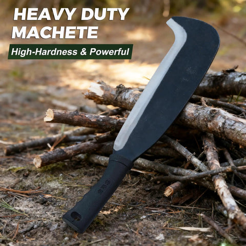 16 Inch Heavy Duty Forged Carbon Steel Machete For Cutting Trees And Dense Brush Double Edge Blade resting on logs outdoors.