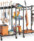 Three In One Broom Holder With Cleaning Supplies Organizer For Small Spaces Vacuum Stand And Mop Hang Broom Closet Storage Cabinet With Caddy And Gripper Rack Cleaning Cart For Laundry Room Organization And Easy Access Space Saver displayed with cleaning tools and supplies.