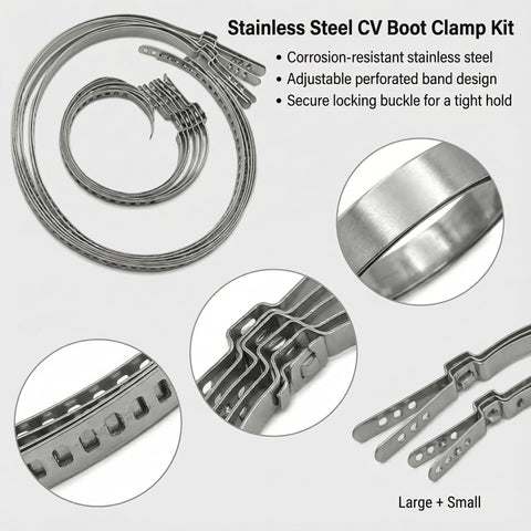 Universal Adjustable Stainless Steel CV Boot Clamp Kit 12 Piece Set featuring corrosion-resistant, adjustable bands.