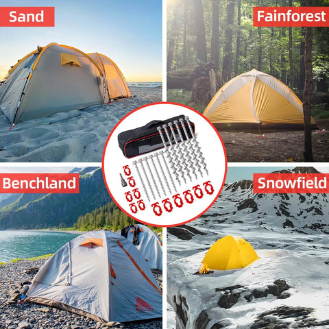 Beefy Aluminum Ground Anchors Set For Tents on sand, forest, benchland, and snow with included stakes and adapter
