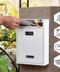 Outdoor Wall Mount Mailbox With 3 Digit Combination Lock, Weatherproof Drop Box For Mail, Donations, Ballots; white mailbox on wall