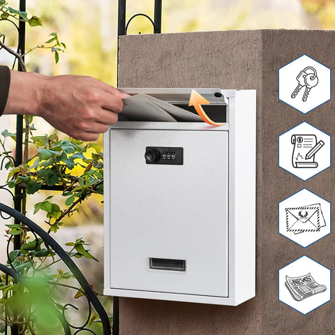 Outdoor Wall Mount Mailbox With 3 Digit Combination Lock, Weatherproof Drop Box For Mail, Donations, Ballots; white mailbox on wall