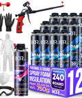 12 Pack Spray Foam Insulation Kit With Foam Gun And Cleaner Delivers Heavy Duty Thermal Shield And Sound Control For A No Sweat Weatherproof Patch On Walls And Doorframes, includes applicator gun, gloves, and safety gear.