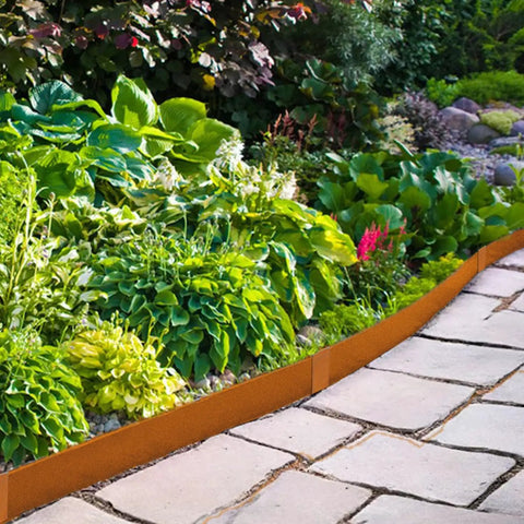 Beefy Pre Rusted Cor Ten Steel Landscape Edging For Four And A Half Inch Border With Hammer In Clamps And Eleven Clips Pack