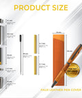 Illustration of Ten Pack Woodturning Pen Kits Titanium Silver Finish with product size details and faux leather pen cover.