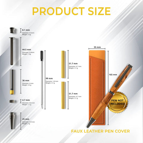Illustration of Ten Pack Woodturning Pen Kits Titanium Silver Finish with product size details and faux leather pen cover.