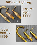 Brushed Gold 8 Inch Three Hole Bathroom Faucet With Pop Up Drain And Two Supply Hoses shown in natural and indoor lighting.