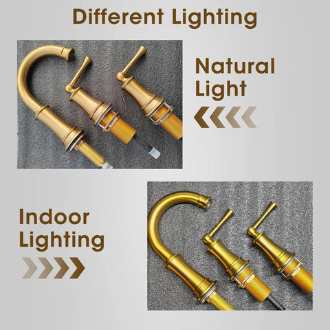 Brushed Gold 8 Inch Three Hole Bathroom Faucet With Pop Up Drain And Two Supply Hoses shown in natural and indoor lighting.