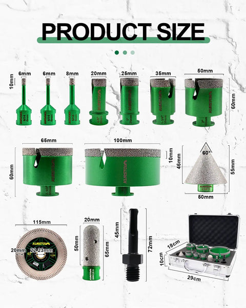 All In One Tile Hole Saw Kit 13 Pcs Diamond Core Drill Bits Set 6mm 6mm 8mm 20mm 25mm 35mm 50mm 65mm 100mm With Finger Bit Four And A Half Inch Cutting And Grinding Disc SDS Adapter For Tile Porcelain Ceramic Marble