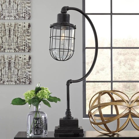 Industrial Metal Desk Lamp With Glass Shade Black Antique Finish Vintage Style Office Light With Easy On Off Switch