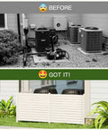 Comparison of backyard with and without Three Panel Backyard Privacy Fence White PVC 48 Inch Wide By 42 Inch High No Dig Privacy Screen.