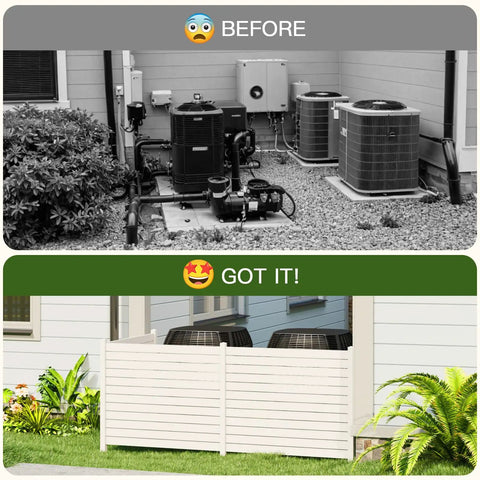 Comparison of backyard with and without Three Panel Backyard Privacy Fence White PVC 48 Inch Wide By 42 Inch High No Dig Privacy Screen.