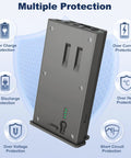 2 Pack Rechargeable Reveal Lipo Battery Pack For Trail Cameras Compatible With Reveal X Gen Three Or Gen Two X Pro Three Pro X Ultra Three SK XB X With LED Power Meter And Solar Charging shown with multiple protection features including overcharge, overcurrent, overheat, over discharge, over voltage, and short circuit protection icons.