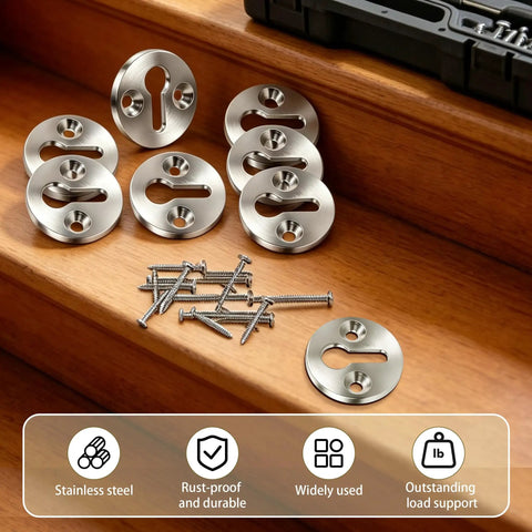 Set Of Eight Heavy Duty Newel Post Fasteners With Concealed Mounting Brackets And Coarse Thread Screws For Rigging Stair Railings To Posts. Stainless steel fasteners arranged on wood.