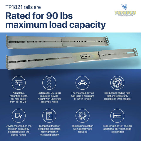 Rackmount Sliding Rails Kit For 2U To 8U Server Chassis, Adjustable Depth 18 To 25 Inches, 90 lb load, universal hole pattern
