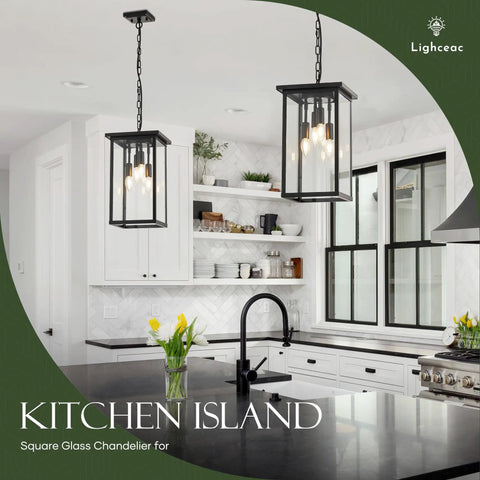 8 Inch Modern Black Exterior Lantern Pendant Light With 3 Lights, Acrylic Bubble Glass Shade in a kitchen setting