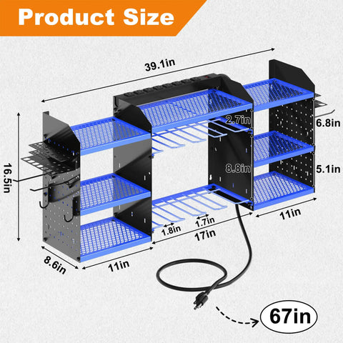 Dimensions of 40 Inch Wall Mounted Power Tool Organizer With Charging Station For Cordless Tools, showing shelf sizes.